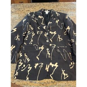 Paolo Santini 100% Silk Blazer Jacket Black Beige Abstract‎ Art Sz 8 Career